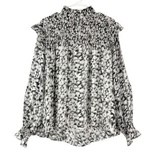 THML Gray Animal Print Blouse XL Pull Over Mock Neck Long Sleeve Ruffle Smocked